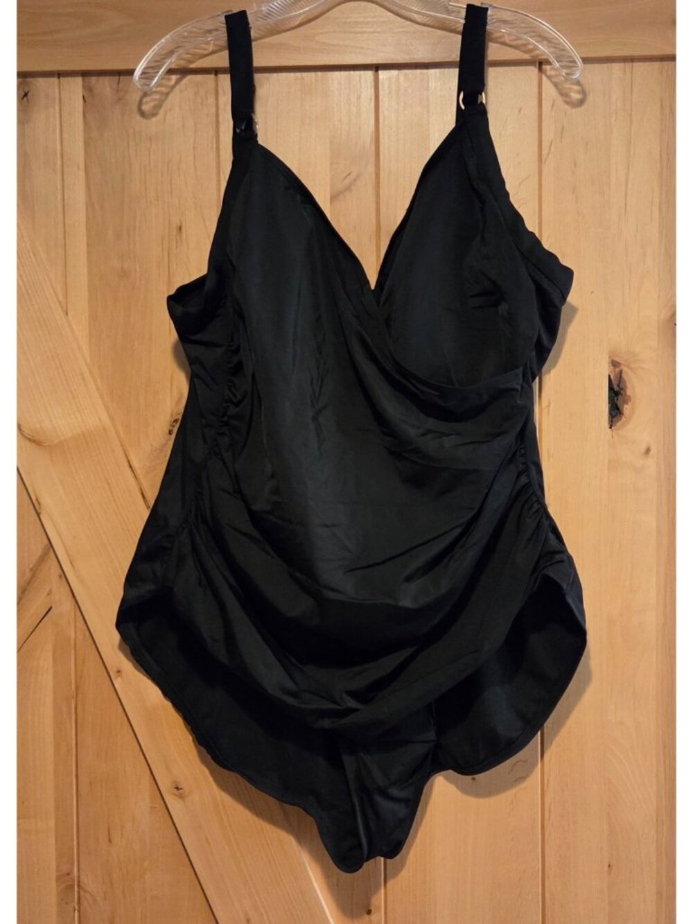 EVRI Womens 4X One Piece Swimsuit Black Wrap Ruched Slimming Padded Lined Adju